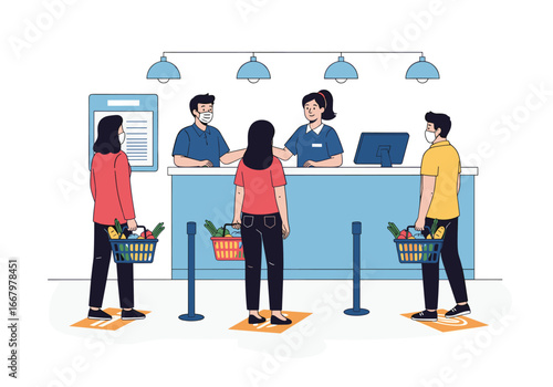 People in a grocery store queue maintaining physical distance during a pandemic checkout