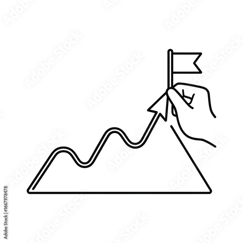 Hand planting a flag on a mountain peak representing success and achievement