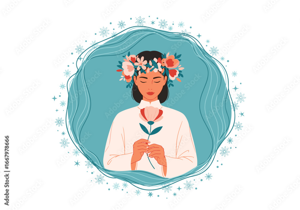 Obraz premium A woman wearing a flower crown holds a delicate green plant gently