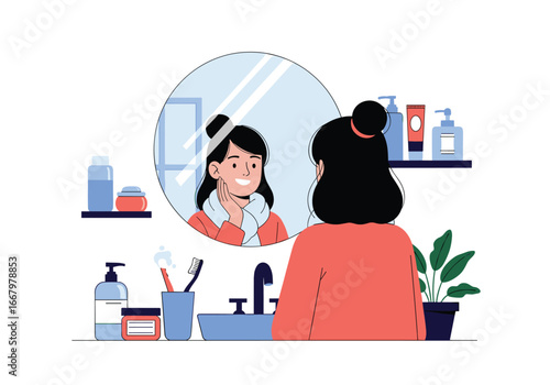 A young woman caring for her skin in the morning bathroom routine
