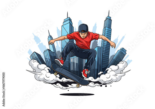 Vector art of a skateboarder performing a jump in front of tall city skyscrapers with clouds and graffiti elements, symbolizing urban sport, energy, adventure, and modern youth culture