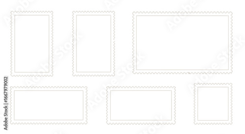 Collection of blank postage stamp frames in various sizes and orientations