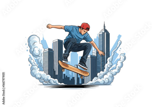 Vector art of a skateboarder performing a jump in front of tall city skyscrapers with clouds and graffiti elements, symbolizing urban sport, energy, adventure, and modern youth culture