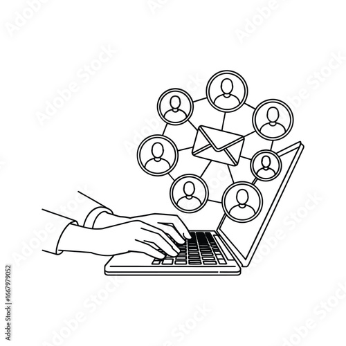 Hand typing on laptop connecting people and sending messages in a network diagram