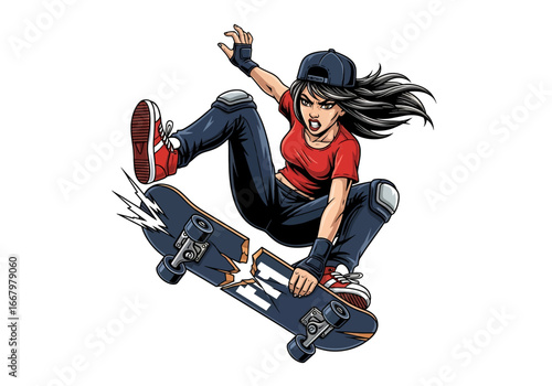 Vector art of a fierce female skateboarder in mid-air performing a trick with protective gear and decorated deck, symbolizing strength, energy, urban sport, and modern youth lifestyle