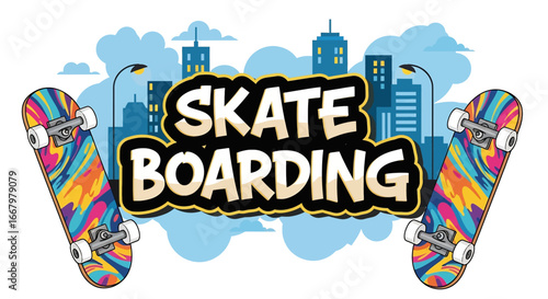Vector art wallpaper background of skateboards with colorful paint designs and bold typography against an urban city skyline, symbolizing street culture, freestyle energy, and modern youth lifestyle