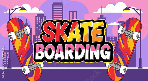 Vector art wallpaper background of skateboards with colorful paint designs and bold typography against an urban city skyline, symbolizing street culture, freestyle energy, and modern youth lifestyle