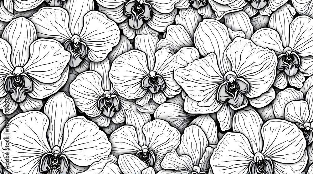 Fototapeta premium Orchid Flowers Pattern Hand Drawn Monochrome Illustration