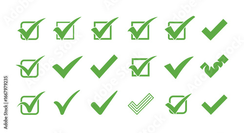 Green checkmarks signify approval, completion, and success in various modern designs