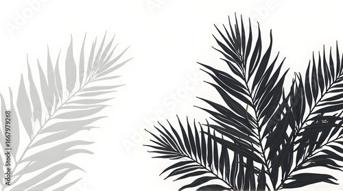 Palm Fronds Silhouette on White Background with Soft Shadow