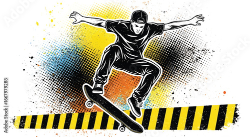 Vector art of a skateboarder performing a jump over caution tape with grunge halftone background, symbolizing street style, extreme sport, energy, and rebellious urban youth culture
