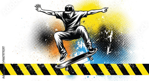 Vector art of a skateboarder performing a jump over caution tape with grunge halftone background, symbolizing street style, extreme sport, energy, and rebellious urban youth culture