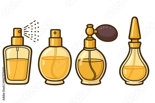 Perfume bottles set. Fragrance spray, vintage atomizer, and elegant flacon collection. Vector illustration icon for beauty, cosmetic products, scent, and aroma concepts.