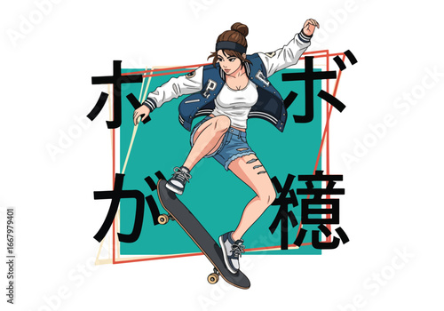 Anime style Vector art of a stylish female skateboarder performing a trick with bold graphic elements and modern typography, representing street culture, energy, urban sport