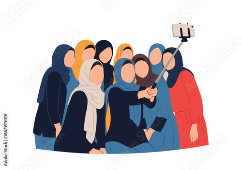A diverse group of young muslim women capture a memorable moment together with a selfie stick