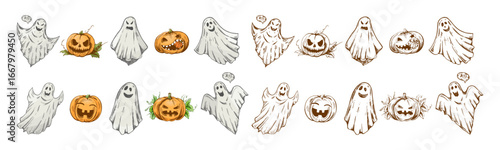 Hand drawn vintage Halloween set with spooky carved pumpkins and flying ghosts in monochrome and color style