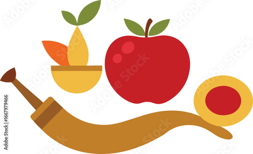 Rosh hashanah set illustration featuring apple honey shofar pomegranate vector graphic