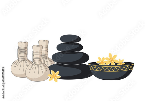 Herbal compress massage therapy and hot stone relaxation treatment