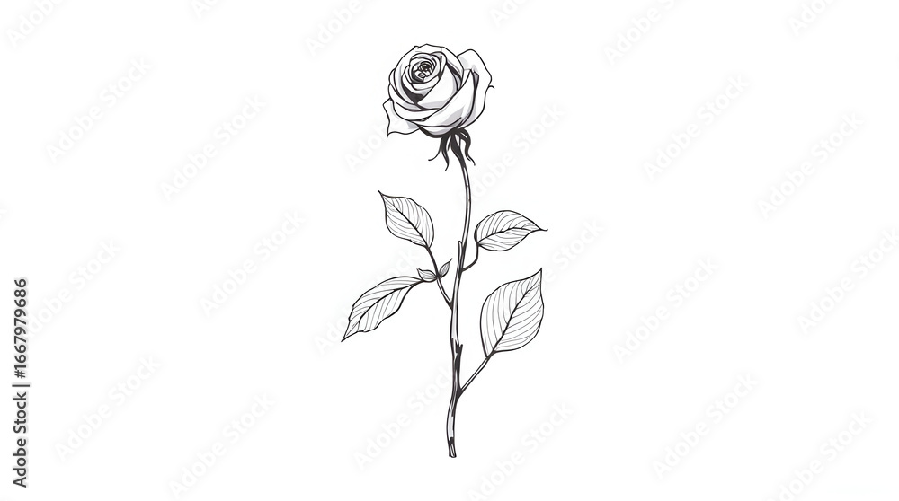Obraz premium Rose Flower Stem Illustration in Black and White on White Background