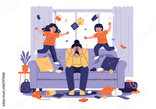 Overwhelmed parent facing chaotic household and energetic children causing mess