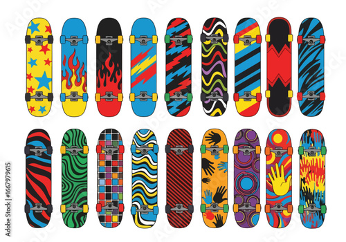 Vector art collection of skateboards with creative graphic deck designs, showcasing modern street style, urban culture, sport, and artistic patterns for lifestyle and youth fashion concepts