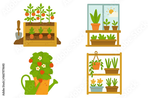 Gardening vector illustration set. Indoor plants and container gardening concepts. Homegrown vegetables like tomatoes, carrots, and strawberries. Urban garden and hobby icons.