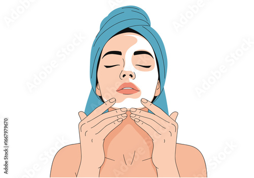 Young woman applying facial mask for skin rejuvenation and deep cleansing treatment
