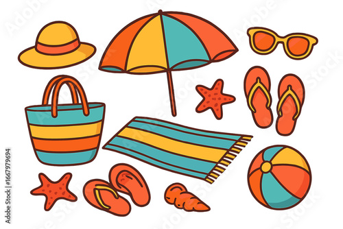 Stylish beach essentials for a perfect summer day by the ocean, colorful vector cartoon illustration with umbrella, flip flops, sunglasses, starfish, beach ball, and towel