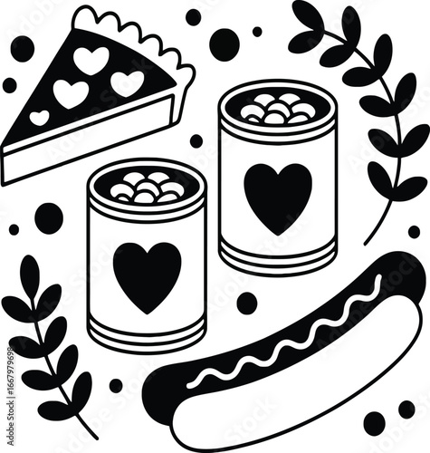 Whimsical Black and White Food Icons: Pie, Canned Goods, and Hot Dog