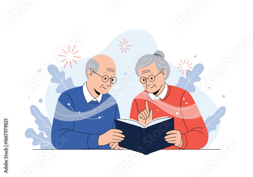 Elderly couple reading book together sharing knowledge and creating memories
