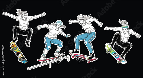 Vector art of four female skateboarders performing jumps in dynamic poses, showcasing freestyle tricks, street style, energy, and urban youth culture with a modern and colorful design
