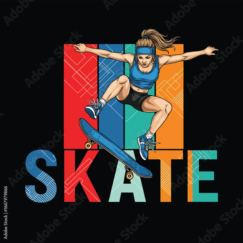 Vector art of a female skateboarder performing a jump with bold geometric shapes and modern typography, symbolizing energy, style, urban sport, and dynamic youth lifestyle
