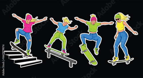 Vector art of four female skateboarders performing jumps in dynamic poses, showcasing freestyle tricks, street style, energy, and urban youth culture with a modern and colorful design