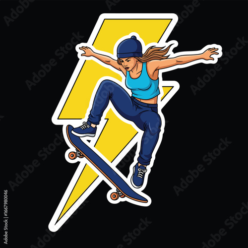 Vector art of a skateboarder in dynamic jump pose with a bold lightning bolt background, symbolizing energy, power, urban sport, adventure, and modern street culture.