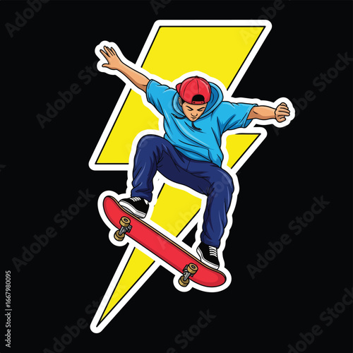 Vector art of a skateboarder in dynamic jump pose with a bold lightning bolt background, symbolizing energy, power, urban sport, adventure, and modern street culture.