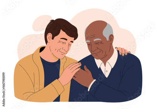 Generational support young man comforts elderly man with gentle touch empathy