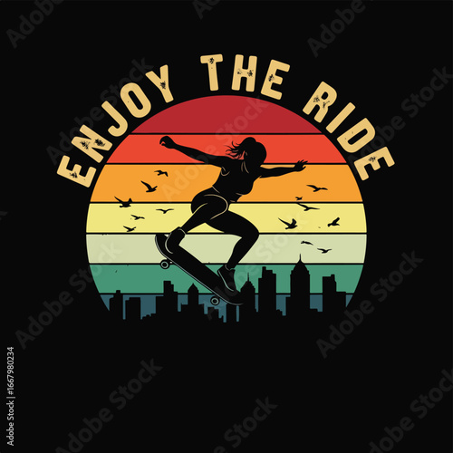 Vector art of a female skateboarder silhouette performing a jump with city skyline, flying birds, and retro sunset, symbolizing adventure, freedom, urban lifestyle, and modern skate culture