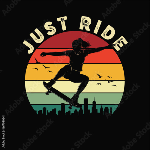 Vector art of a female skateboarder silhouette performing a jump with city skyline, flying birds, and retro sunset, symbolizing adventure, freedom, urban lifestyle, and modern skate culture