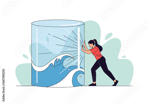 Woman pushing against large water container causing waves inside trying to contain spillage