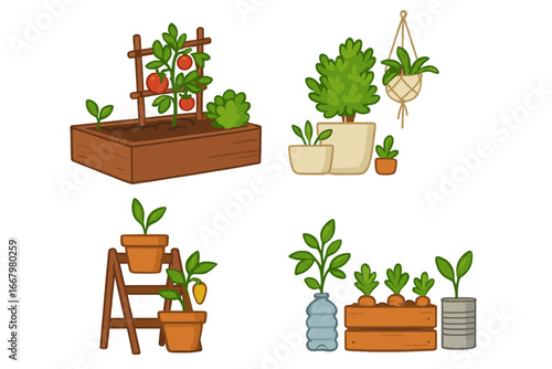 Gardening vector set. Container garden illustrations. Growing vegetables in pots, raised bed and crate. Houseplants in hanging planter. Upcycling ideas with can, bottle. Cartoon.