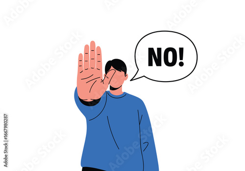 Man with hand raised in stopping gesture saying no with speech bubble illustration