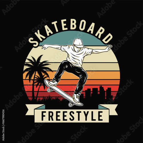 Vector art of a male skateboarder performing a freestyle trick with palm trees and city skyline at sunset, representing urban sport, adventure, energy, and modern youth lifestyle