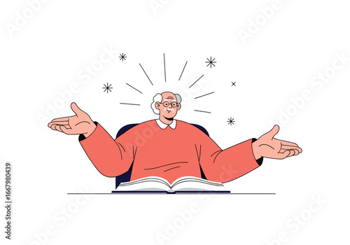 Elderly person with an open book and spread arms demonstrating a thought process