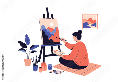 Artist creates landscape painting on easel surrounded by art supplies and plants