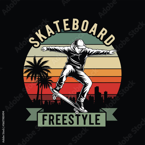 Vector art of a male skateboarder performing a freestyle trick with palm trees and city skyline at sunset, representing urban sport, adventure, energy, and modern youth lifestyle