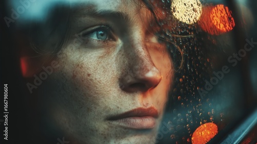 Close-Up Portrait of Reflective Individual with Raindrops on Glass