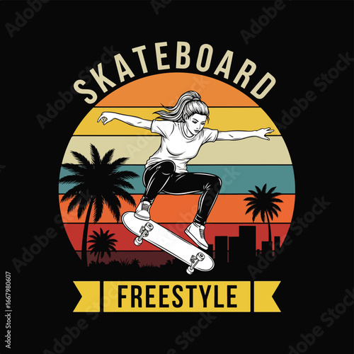 Vector art of a female skateboarder performing a freestyle trick with palm trees and city skyline, retro sunset background, symbolizing urban lifestyle, sport, freedom, and youth culture