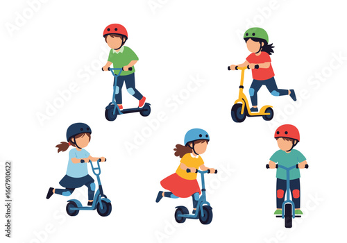 Active children enjoying outdoor activities riding kick scooters with safety helmets