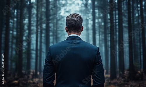 determined businessman in a suit stands at a crossroads, gazing into a brewing storm, symbolizing potential business risks, challenges, and the uncertainty of future business decisions, Generative AI
