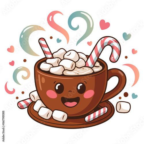 hot chocolate with marshmallows and candy canes  illustration